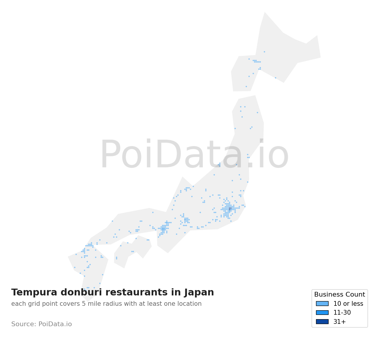 Tempura donburi restaurant density map for Tokyo, Japan