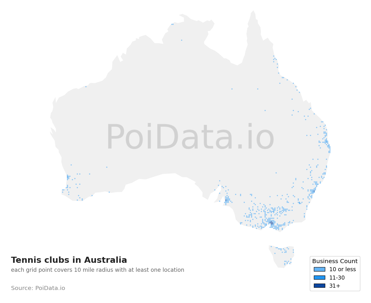 Tennis club density map for Australia