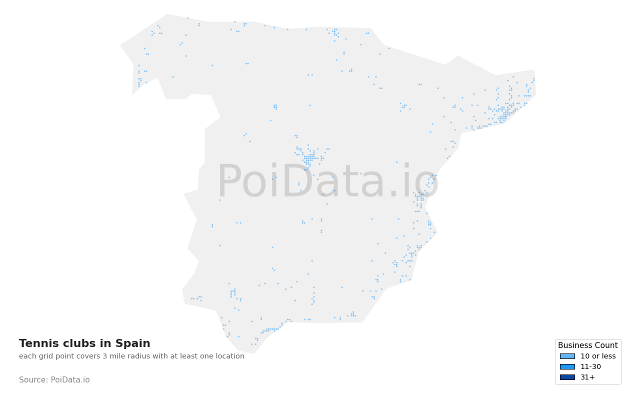 Tennis club density map for Spain