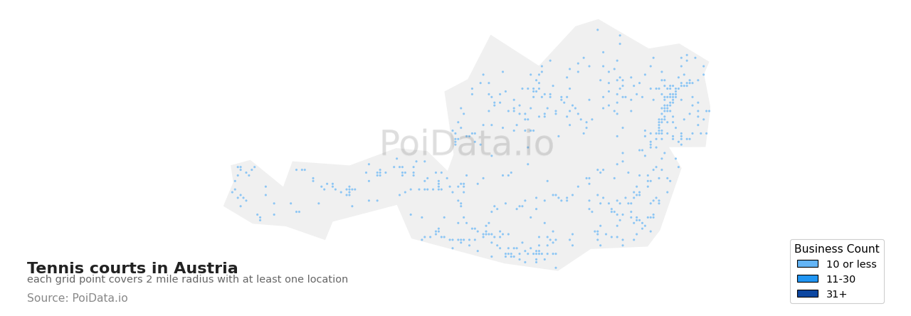 Tennis court density map for Austria