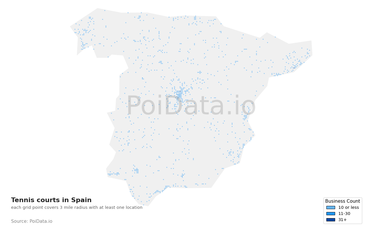 Tennis court density map for Spain