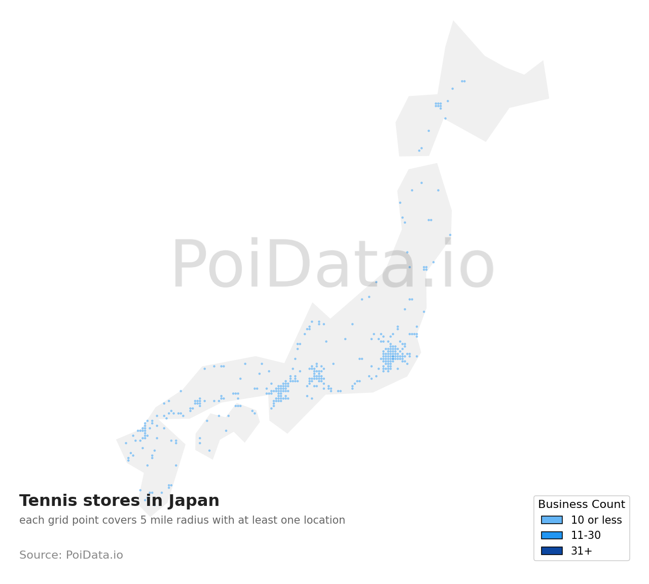 Tennis store density map for Japan
