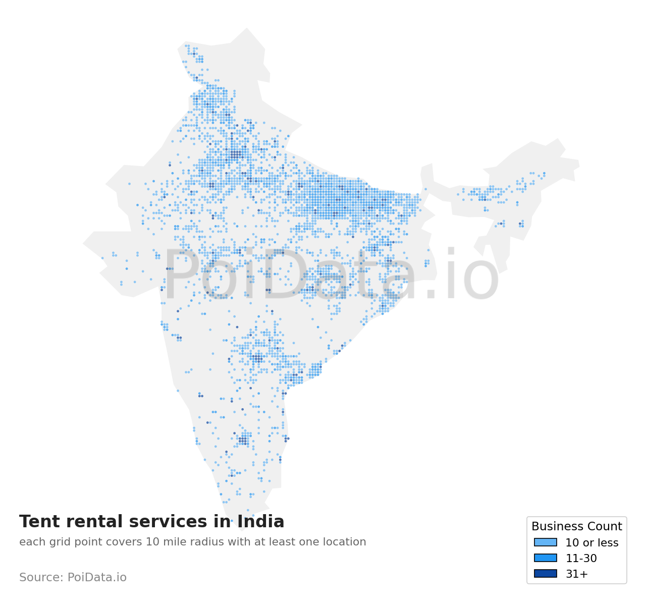 Tent rental service density map for India