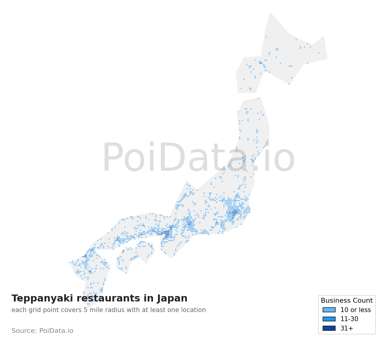 Teppanyaki restaurant density map for Japan