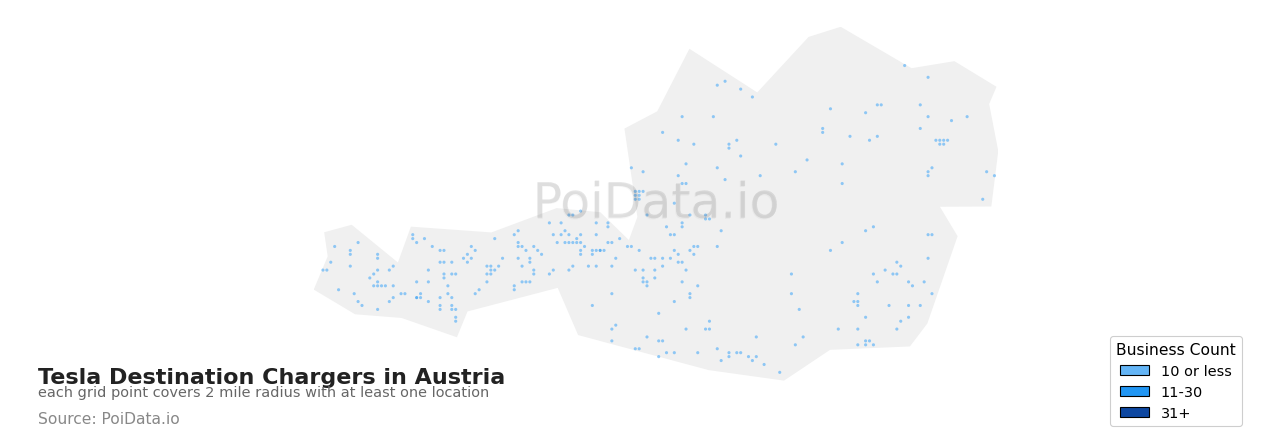 Tesla Destination Charger density map for Austria