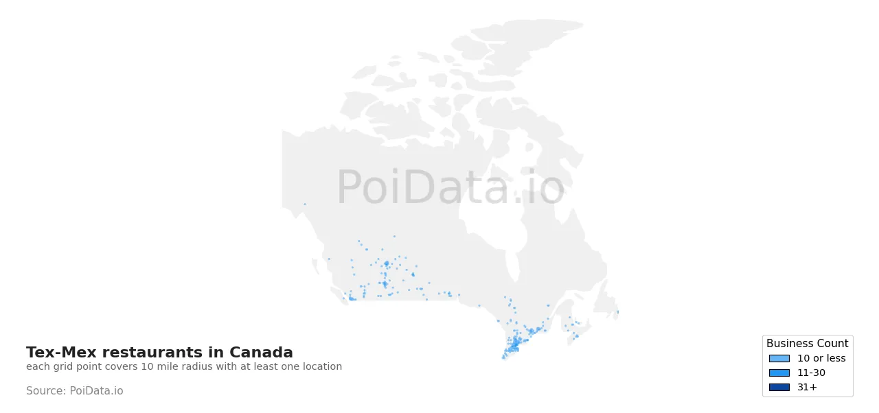 Tex-Mex restaurant density map for Canada