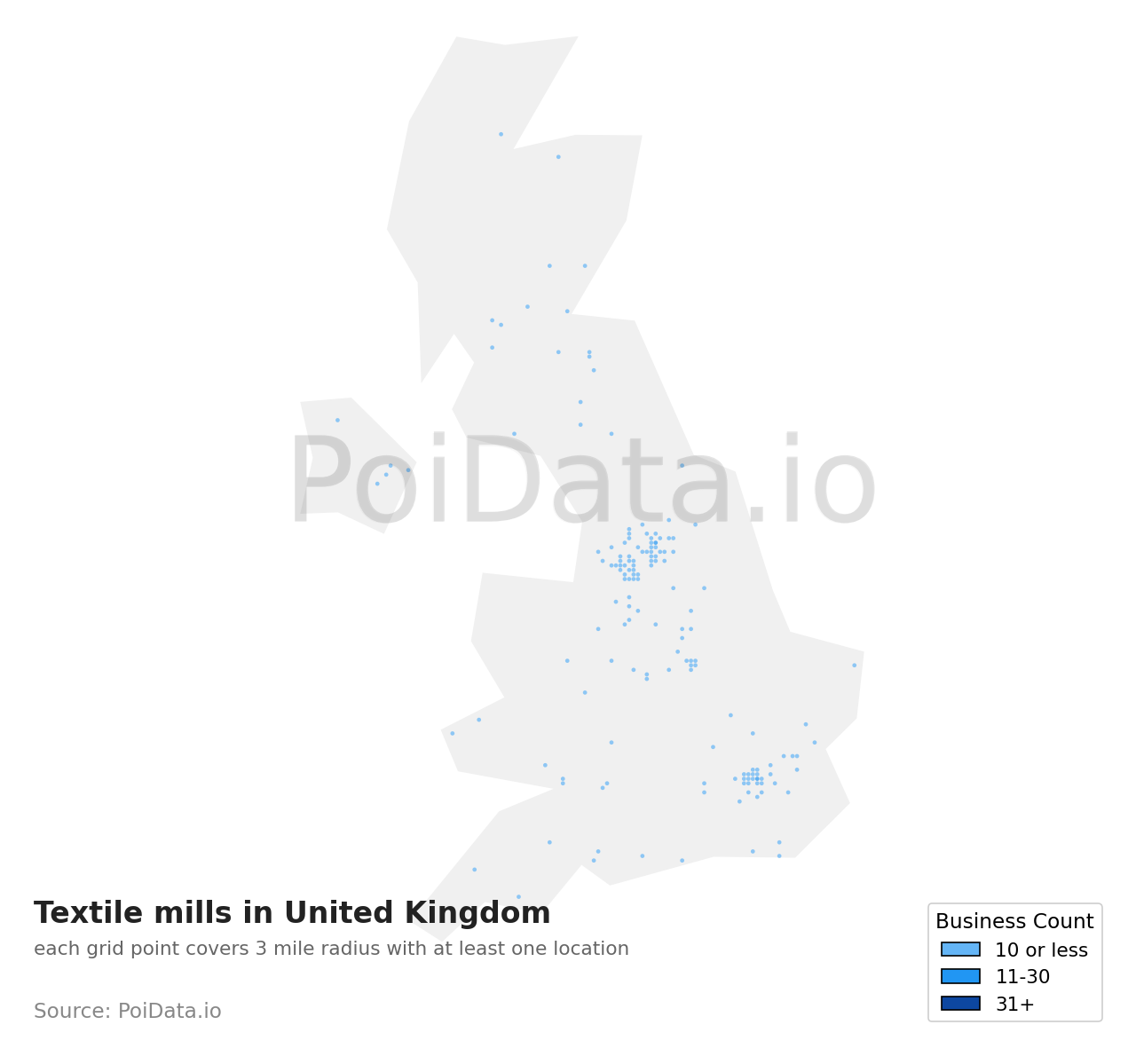 Textile mill density map for United Kingdom