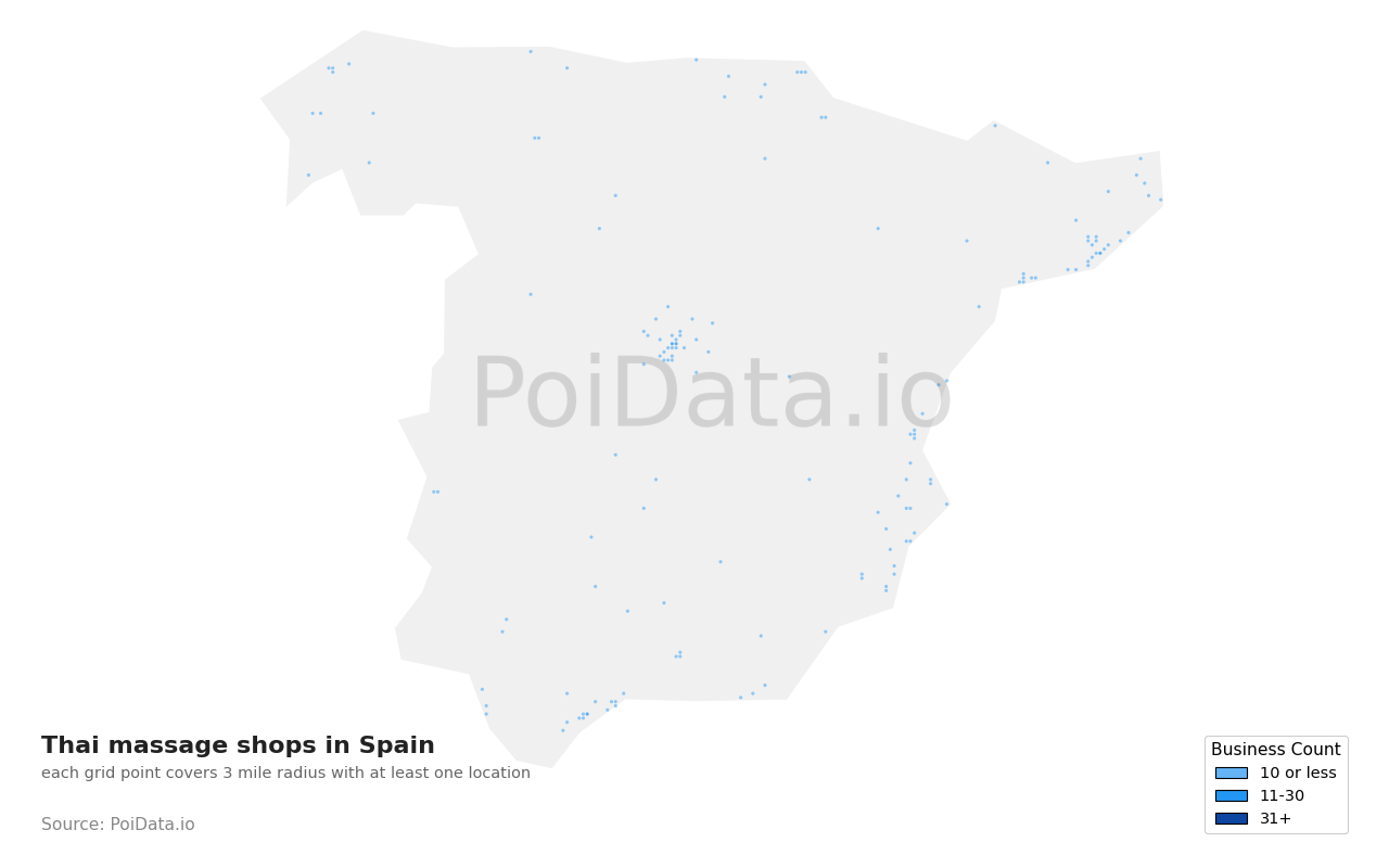 Thai massage shop density map for Spain