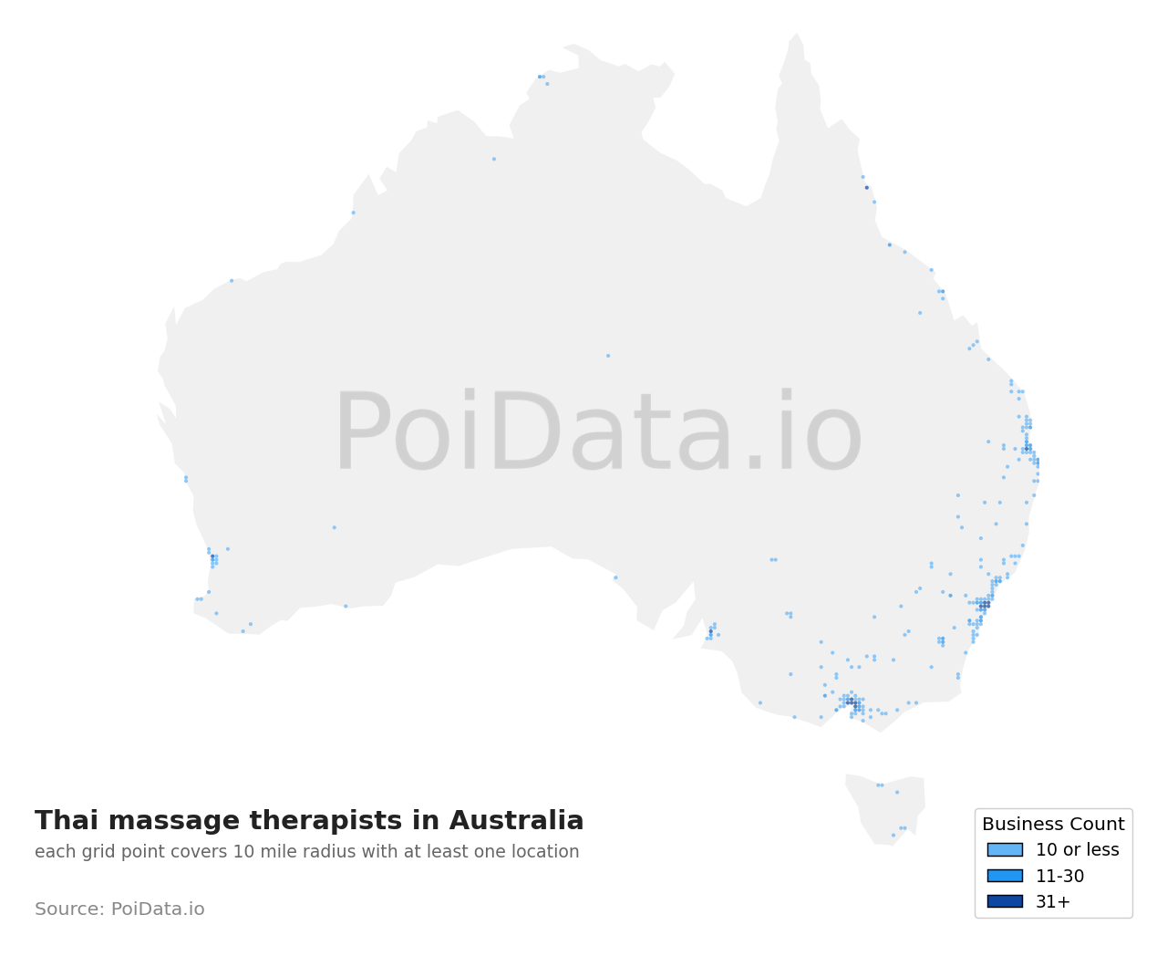 Thai massage therapist density map for South Australia, Australia