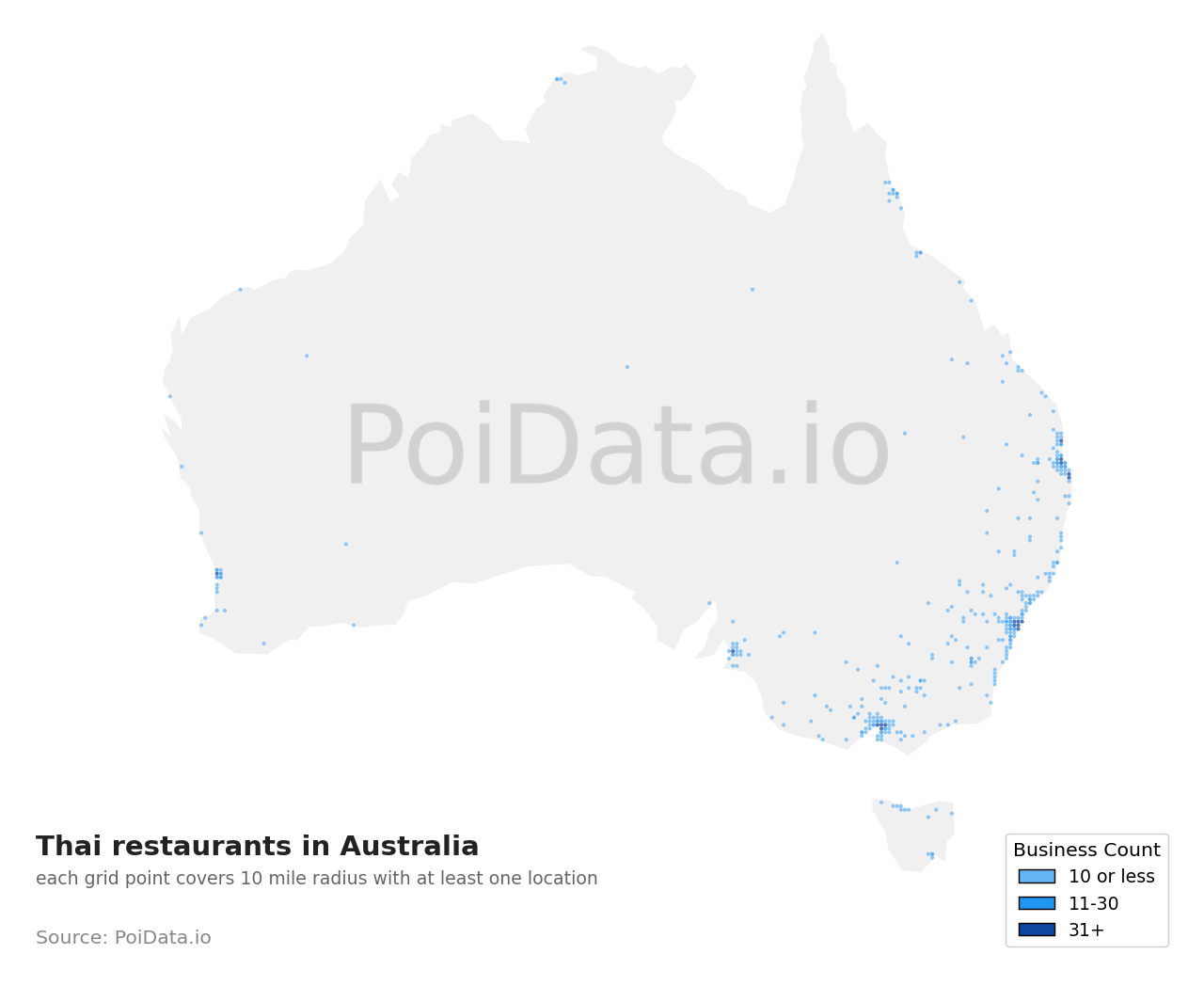 Thai restaurant density map for Western Australia, Australia