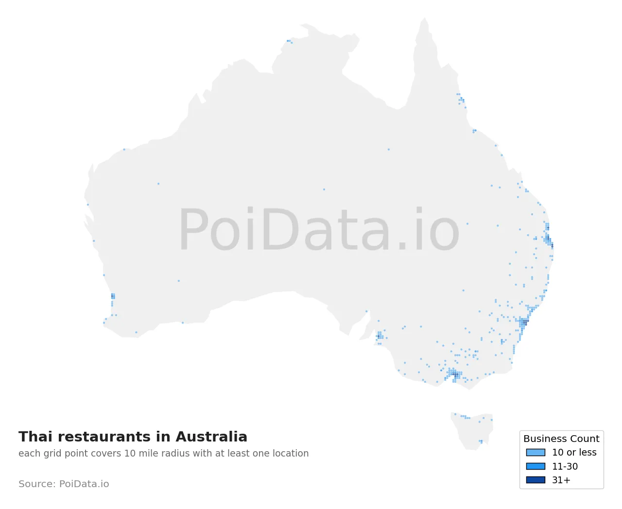 Thai restaurant density map for Australia