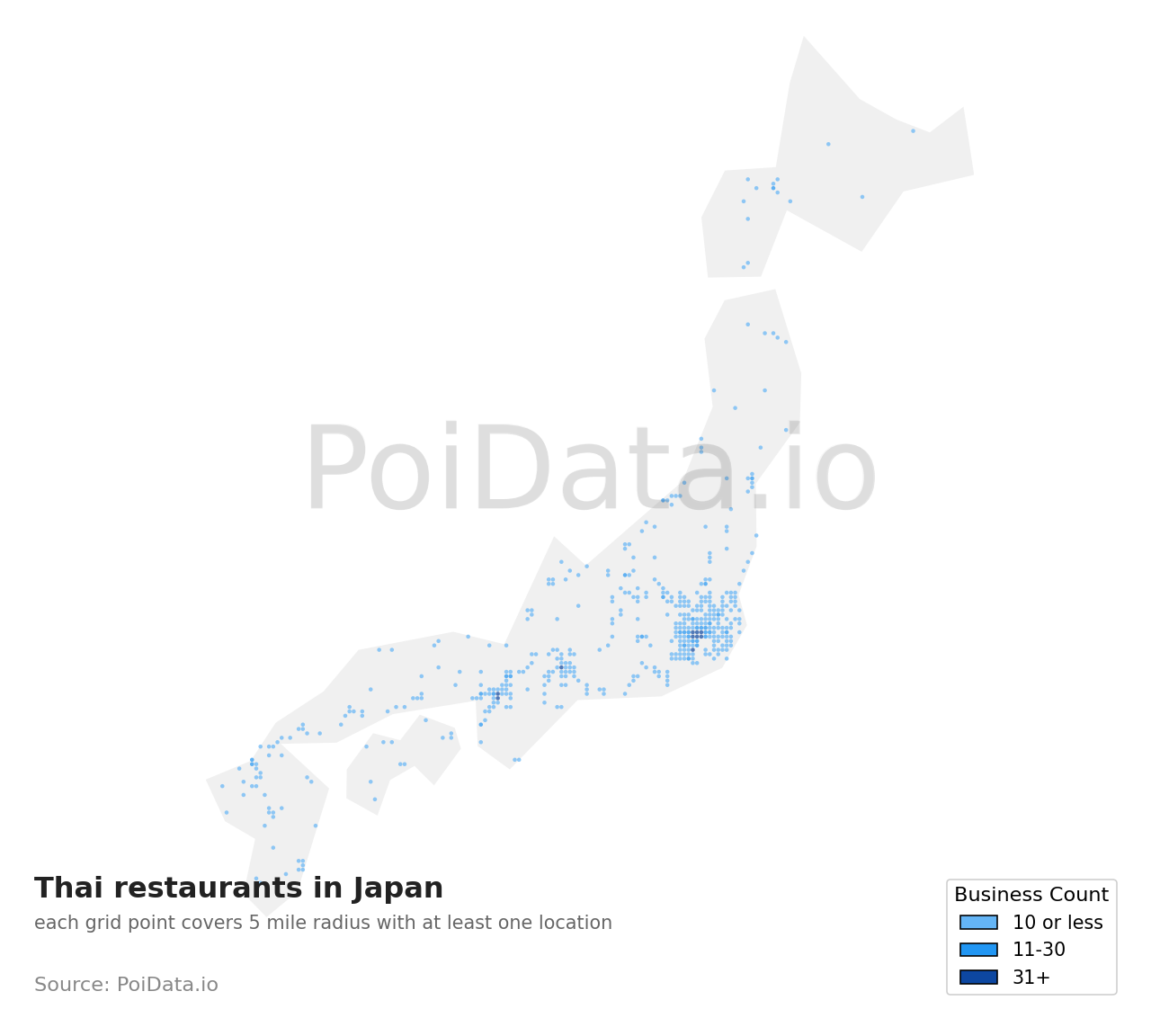 Thai restaurant density map for Saitama, Japan