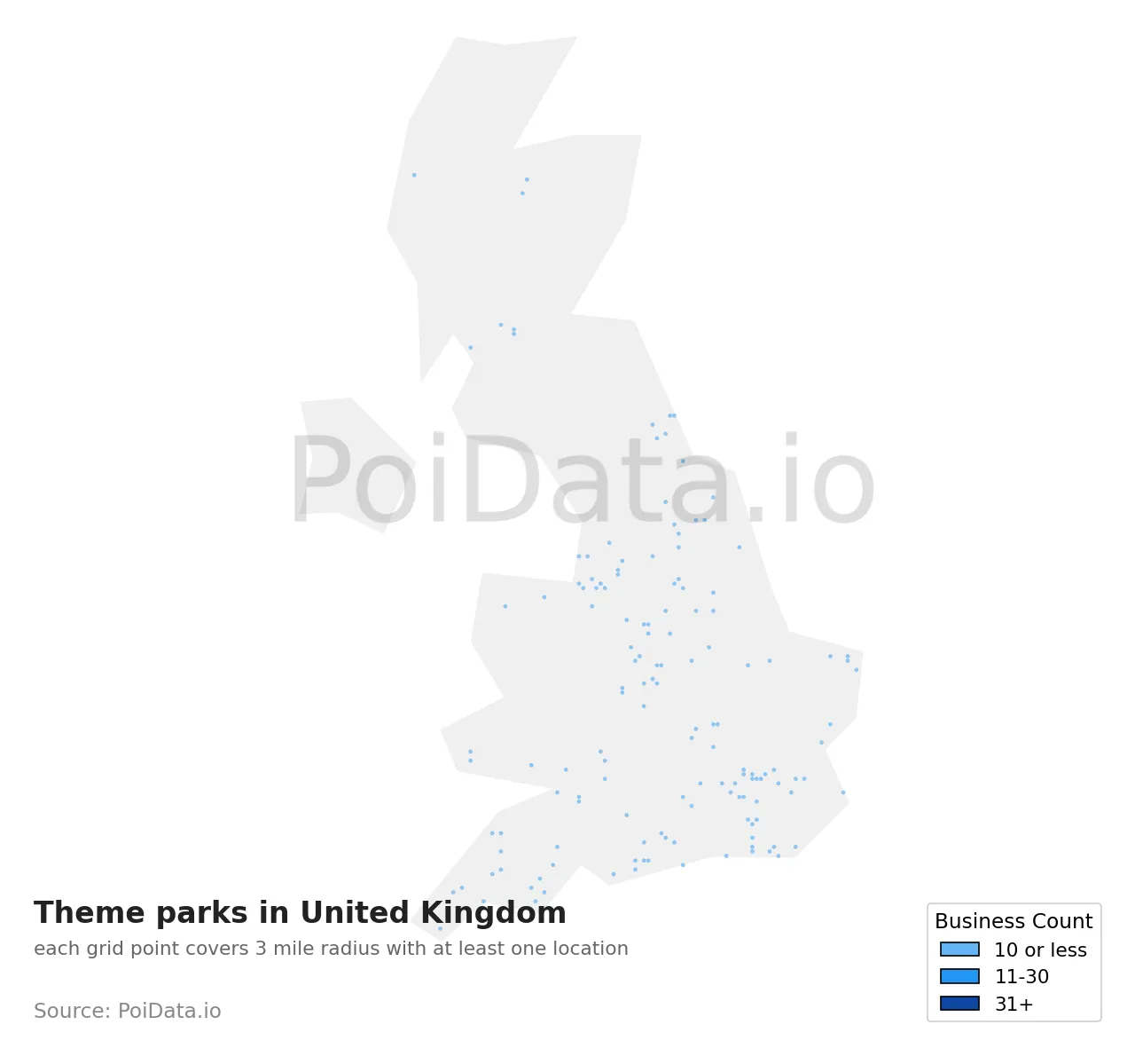 Theme park density map for United Kingdom