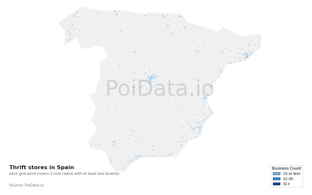 Thrift store density map for Spain
