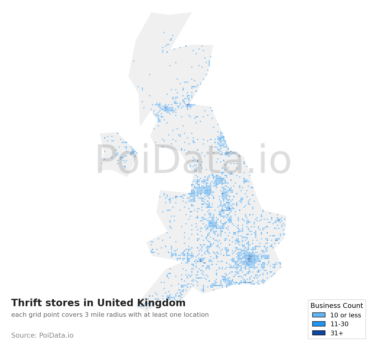 Thrift store density map for United Kingdom