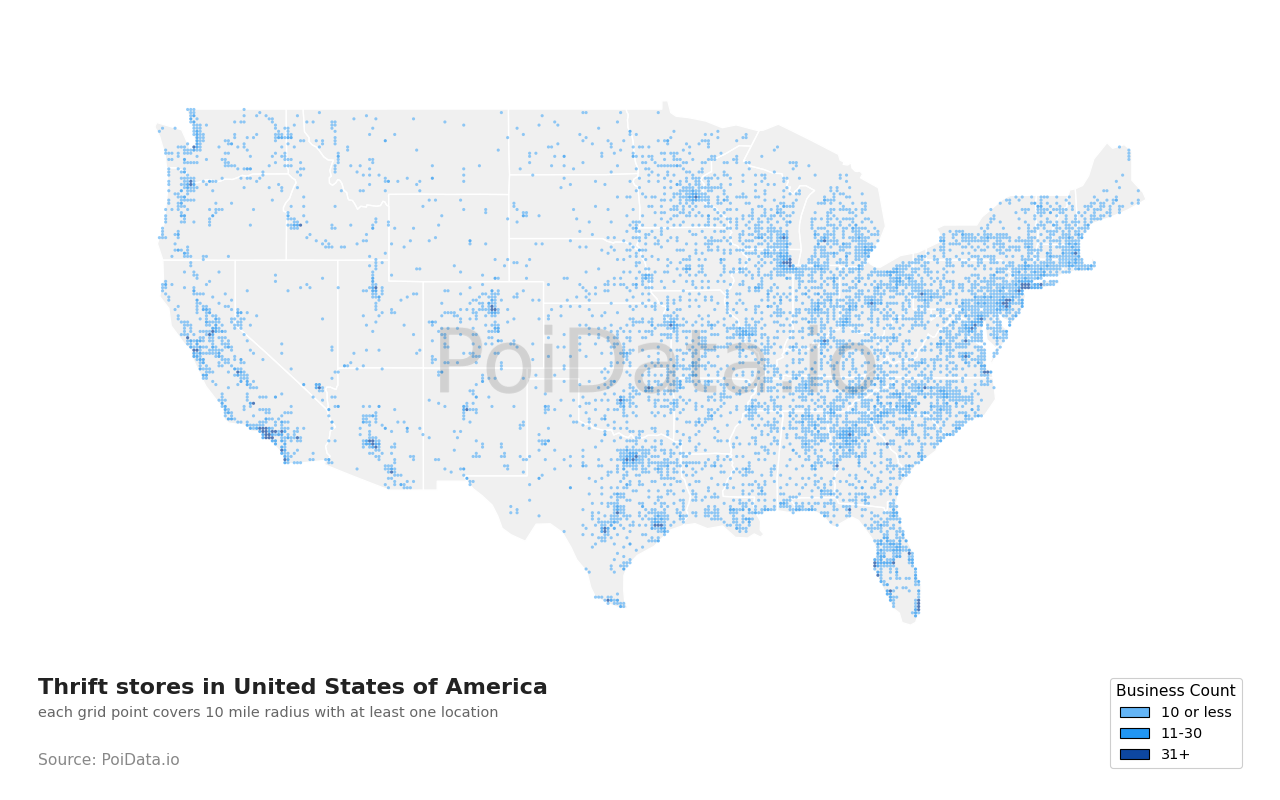 Thrift store density map for United States