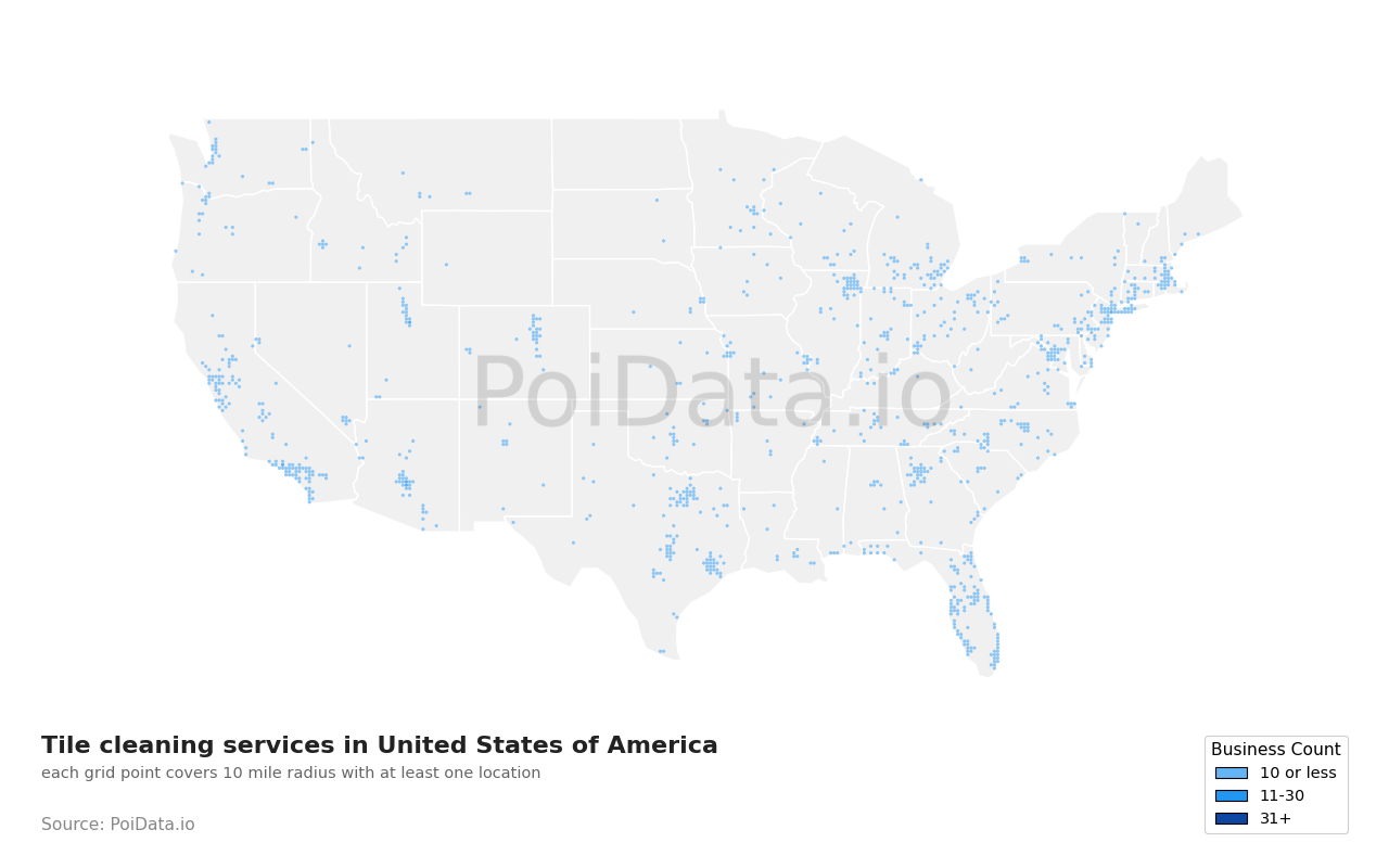 Tile cleaning service density map for California, United States