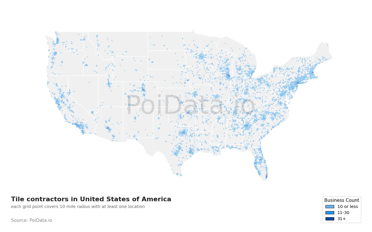 Tile contractor density map for United States