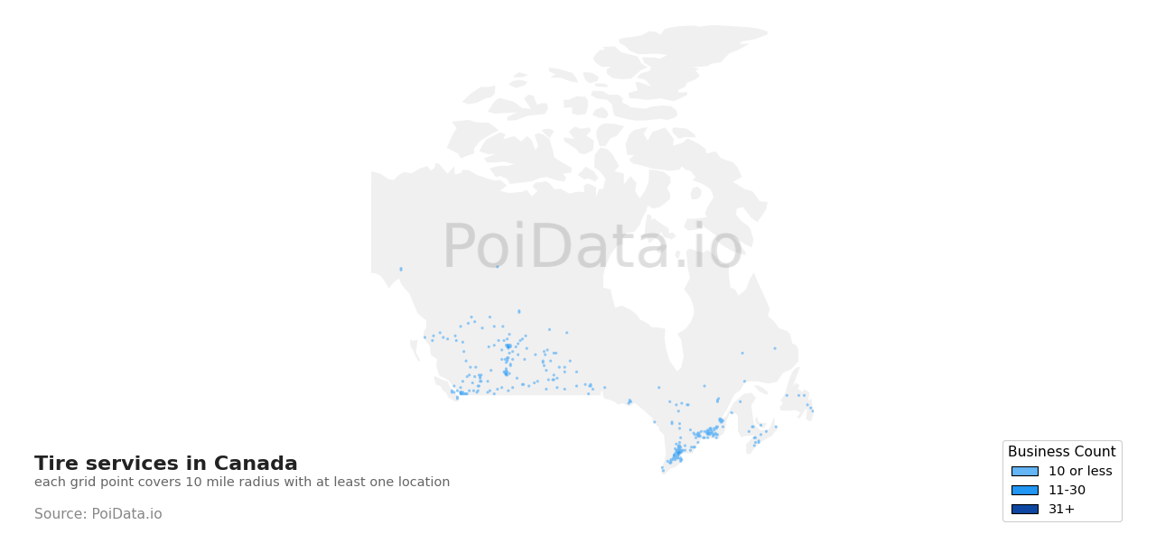 Tire service density map for Nova Scotia, Canada