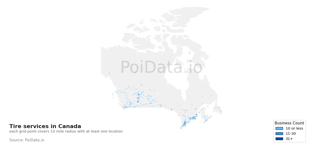 Tire service density map for Canada