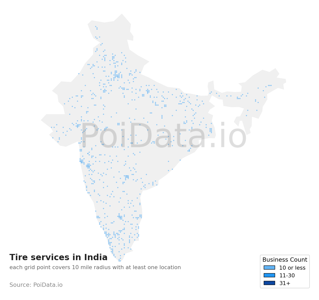 Tire service density map for India