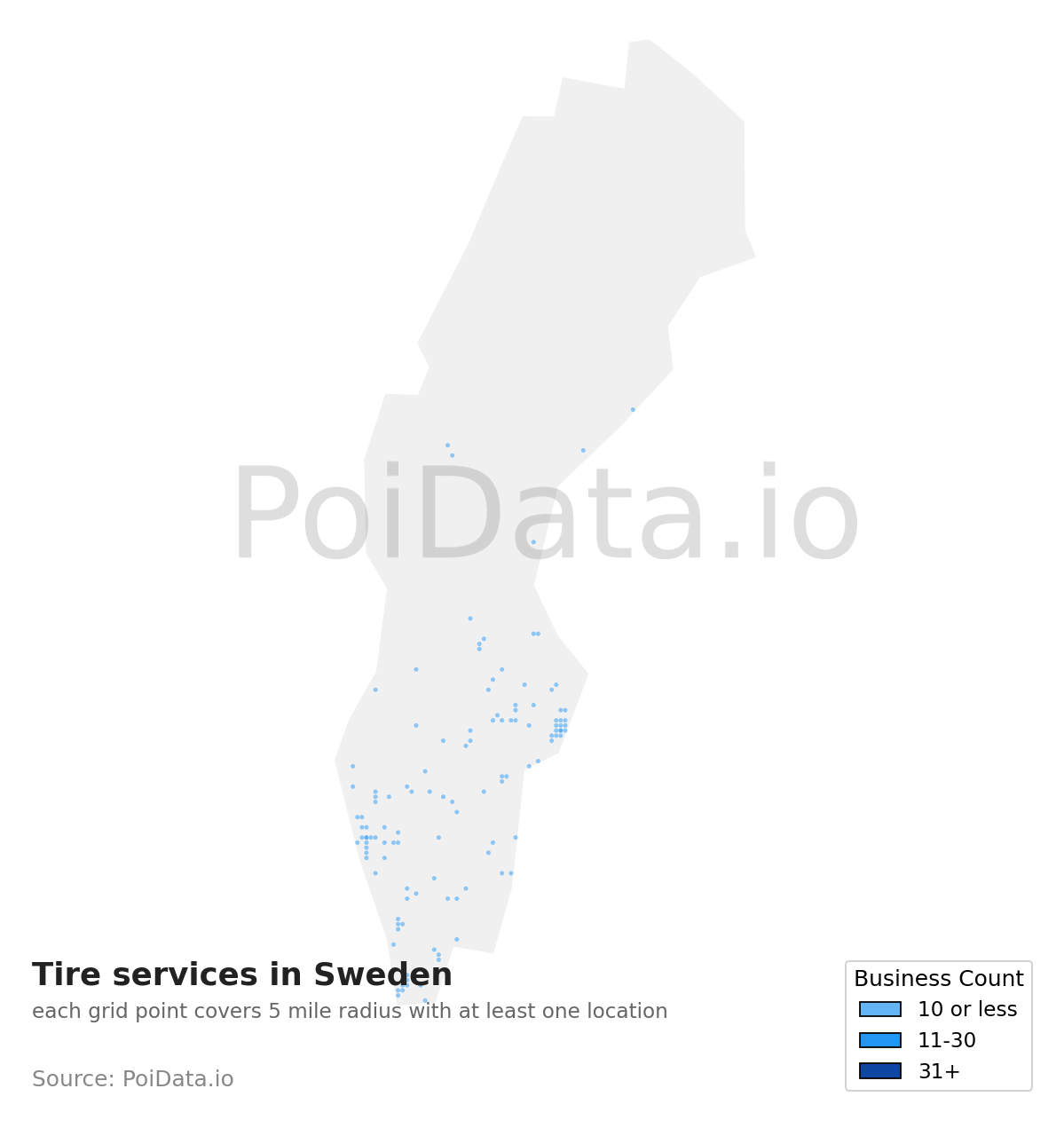 Tire service density map for Sweden