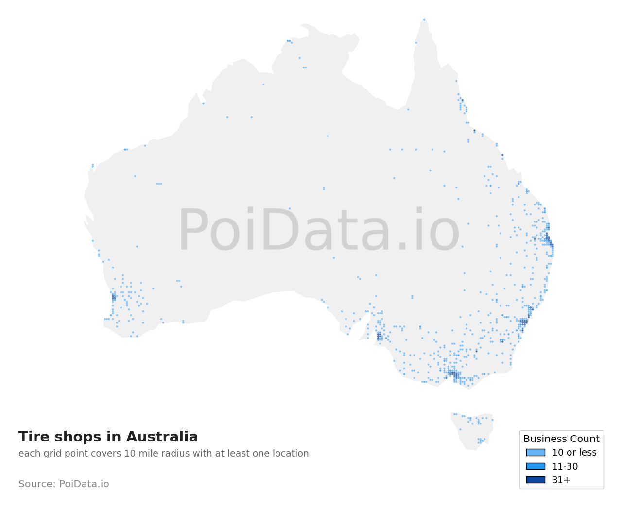 Tire shop density map for Australia