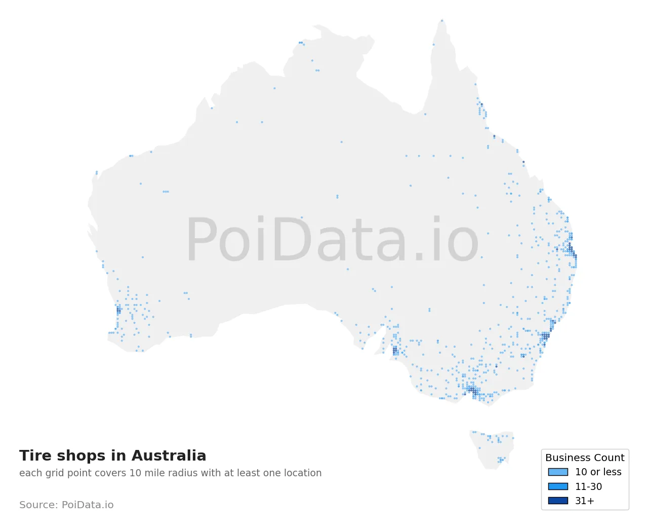 Tire shop density map for Australia