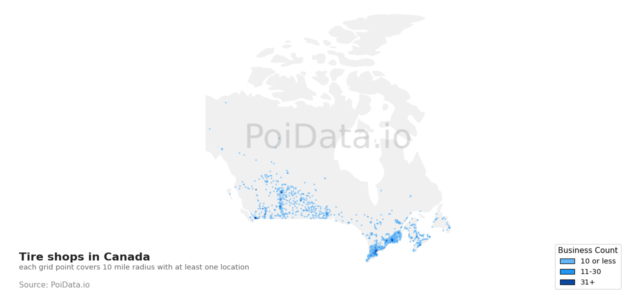 Tire shop density map for Canada