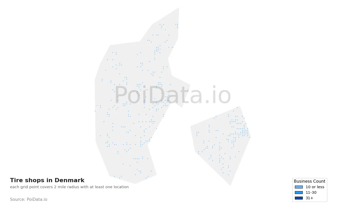 Tire shop density map for Denmark