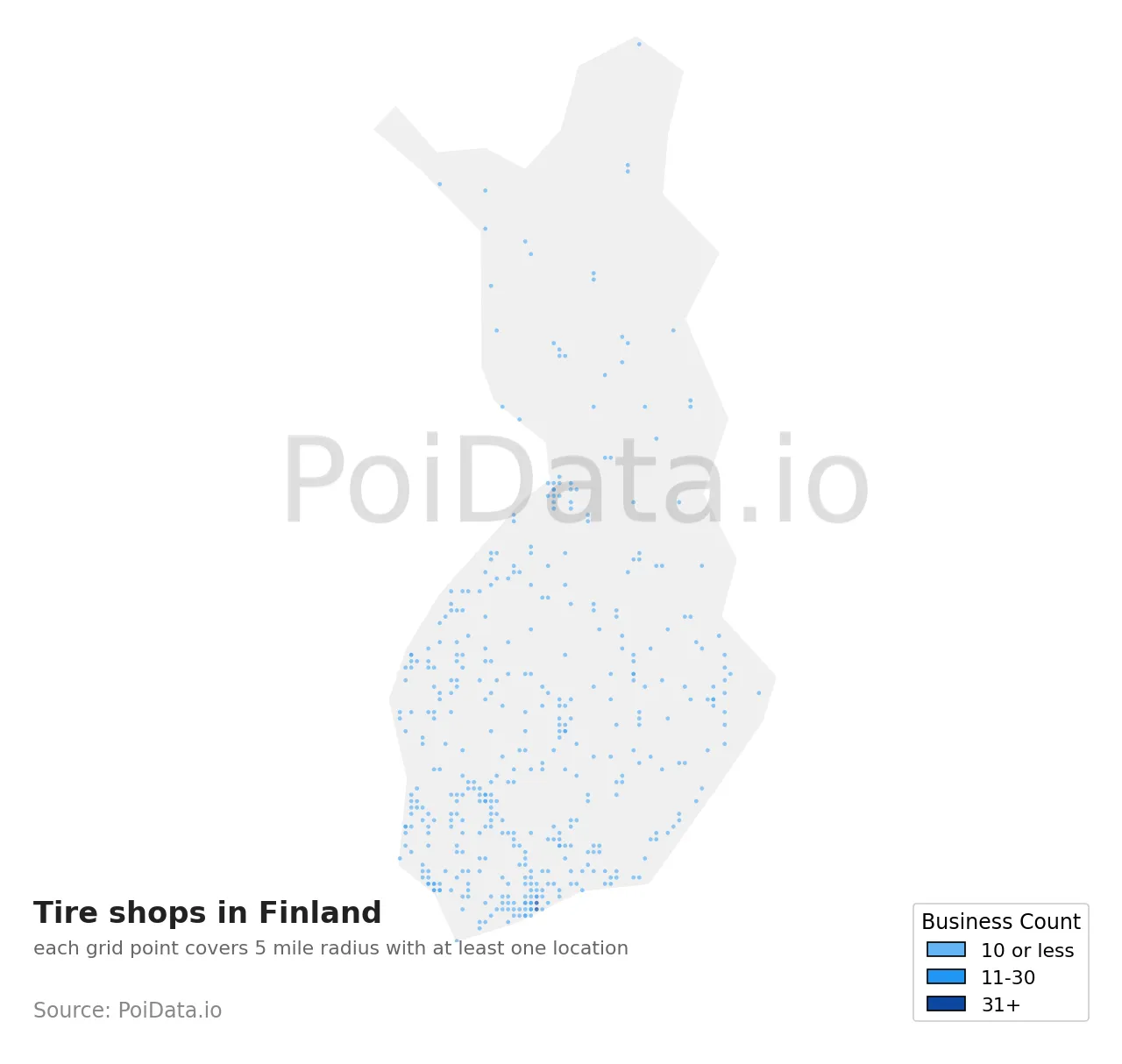Tire shop density map for Finland