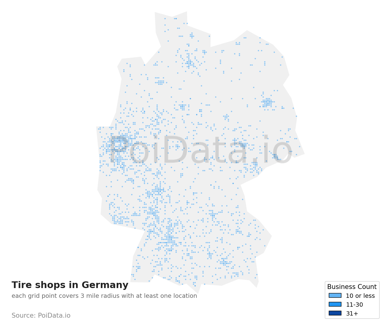 Tire shop density map for Germany