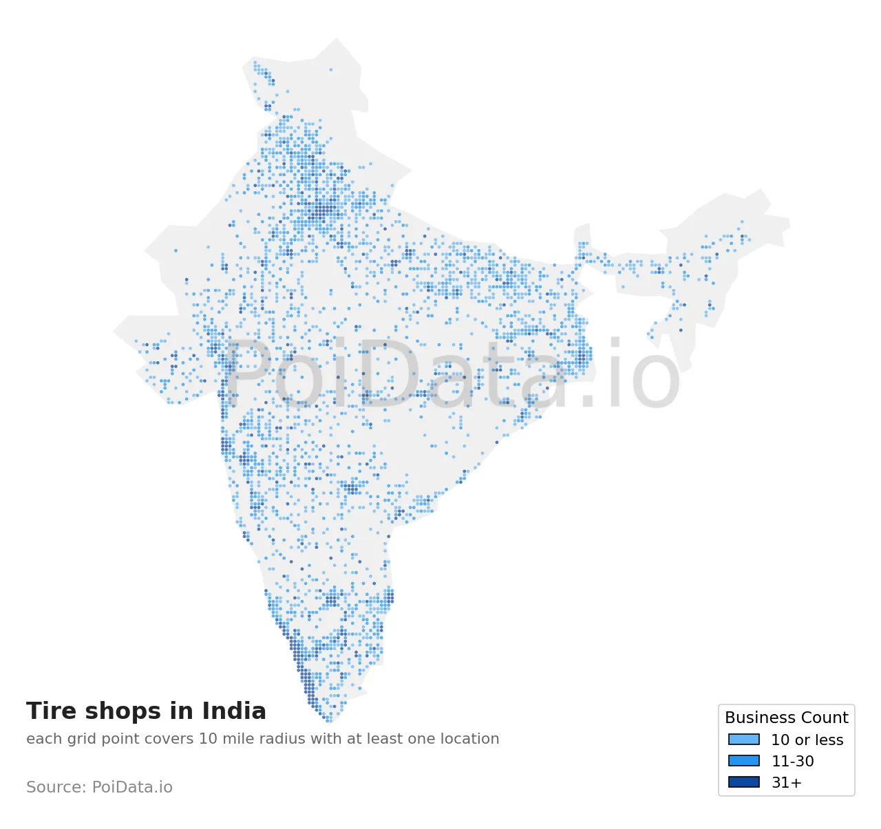 Tire shop density map for India