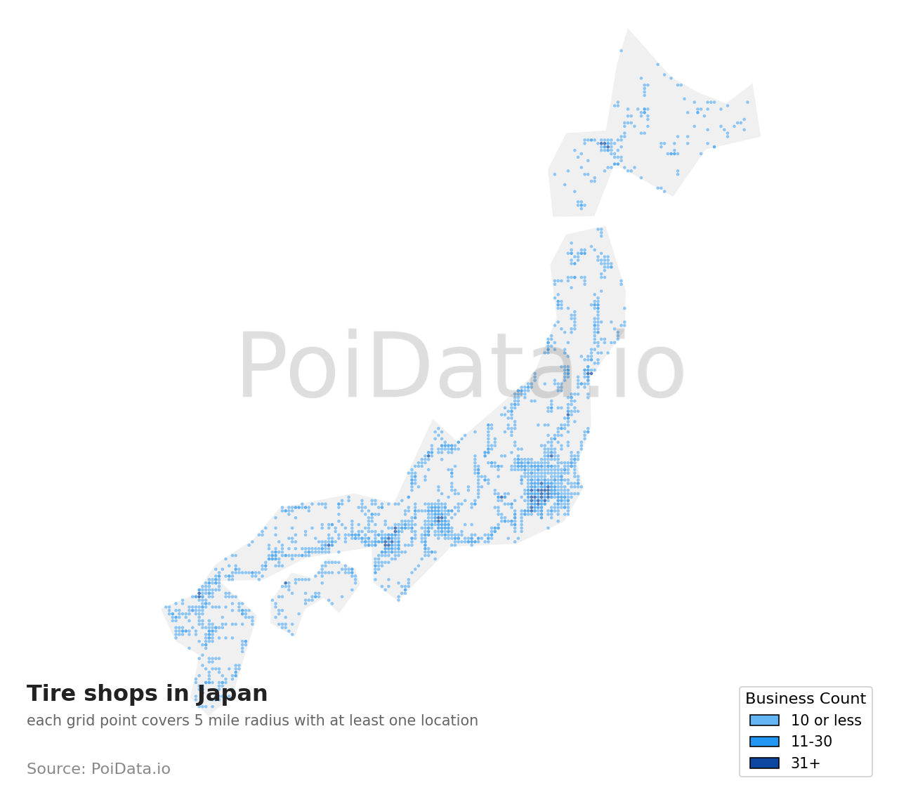 Tire shop density map for Japan