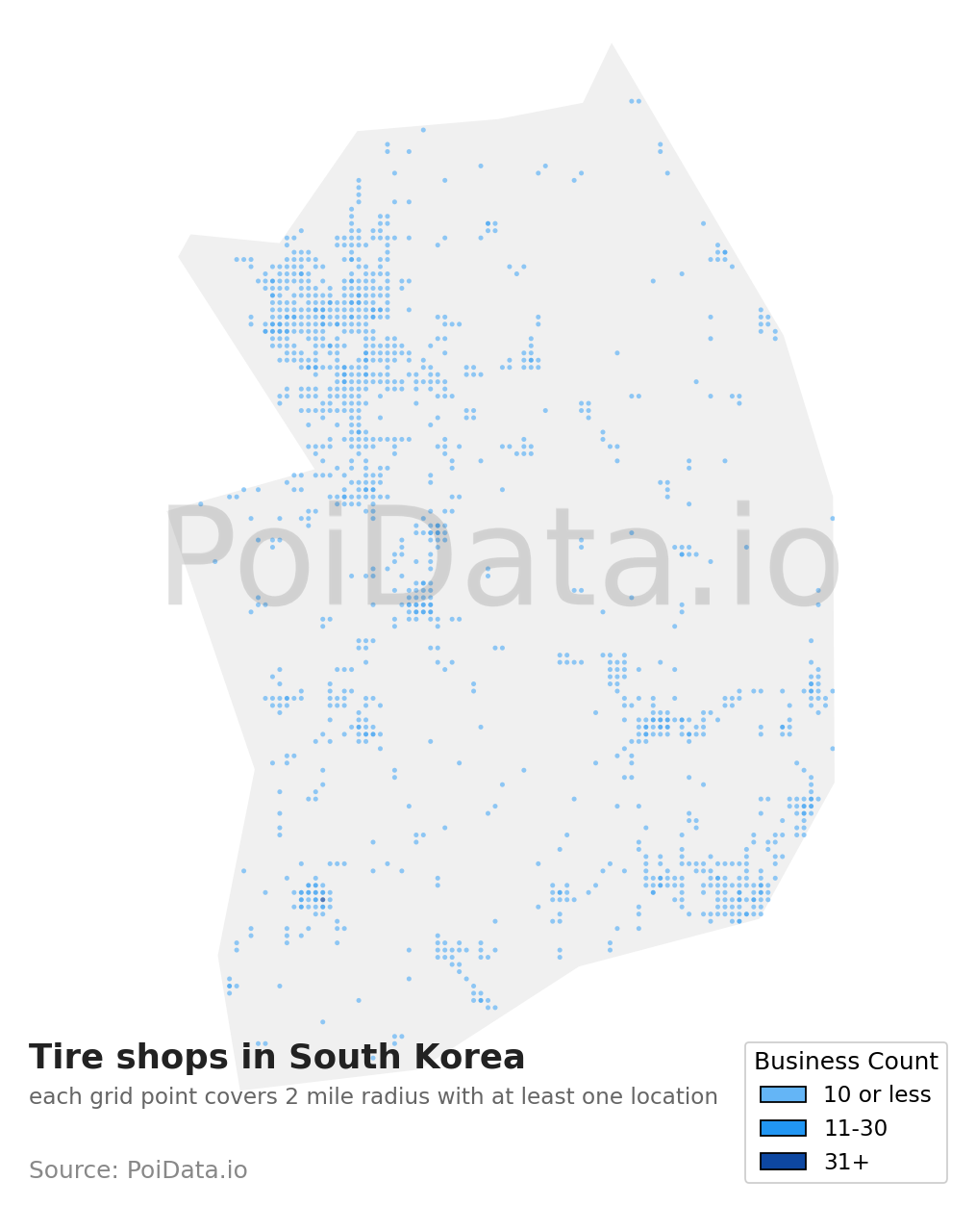 Tire shop density map for South Korea