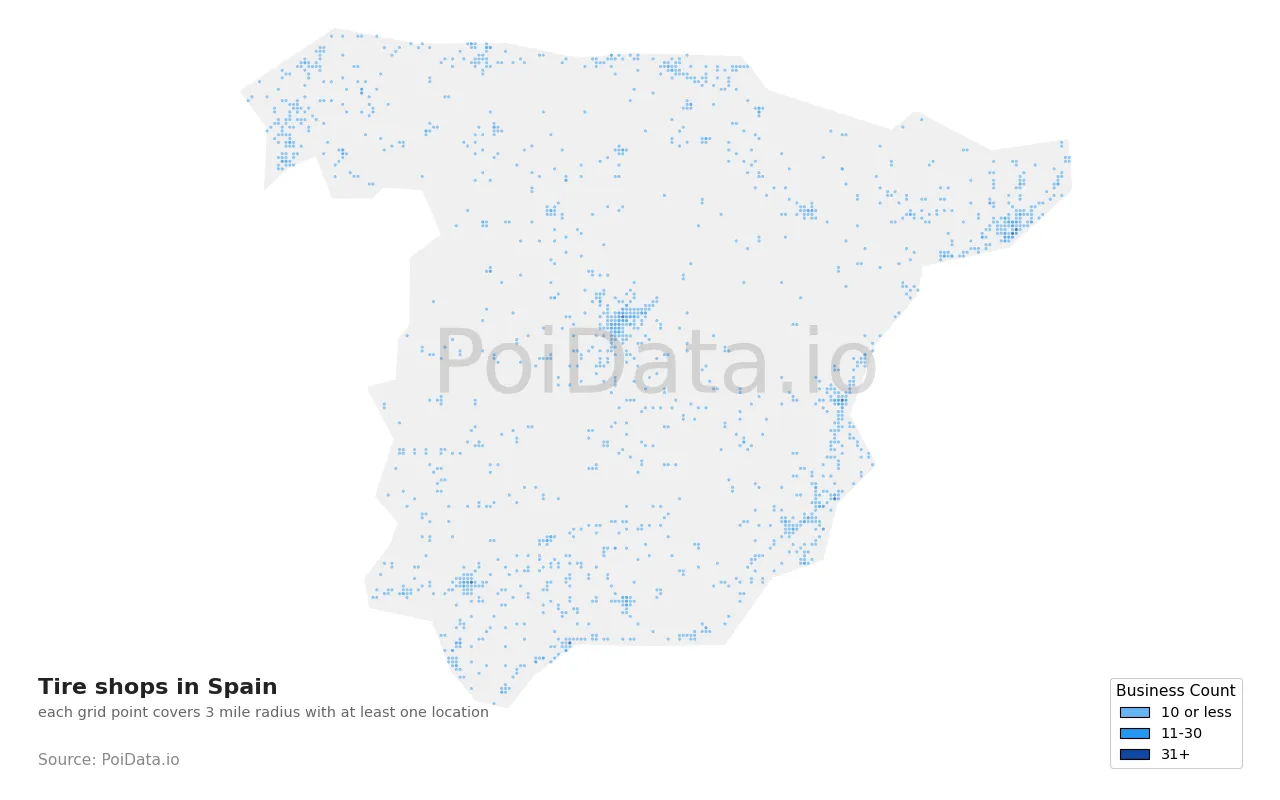 Tire shop density map for Spain