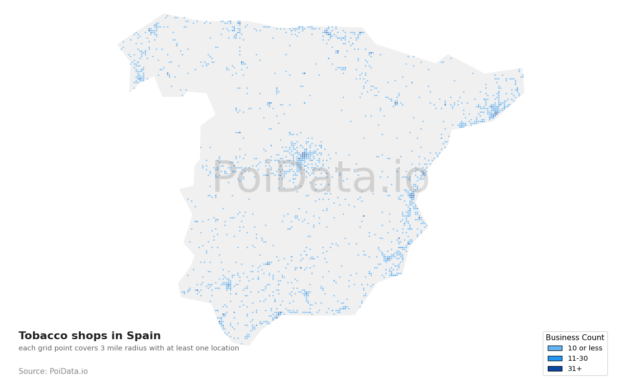 Tobacco shop density map for Spain