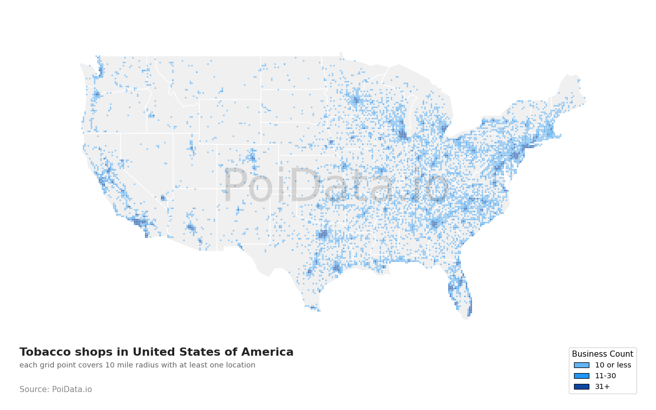 Tobacco shop density map for United States