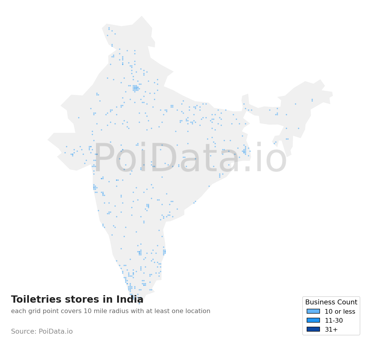 Toiletries store density map for India