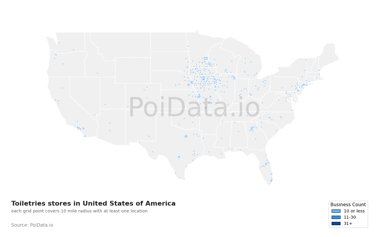 Toiletries store density map for Iowa, United States