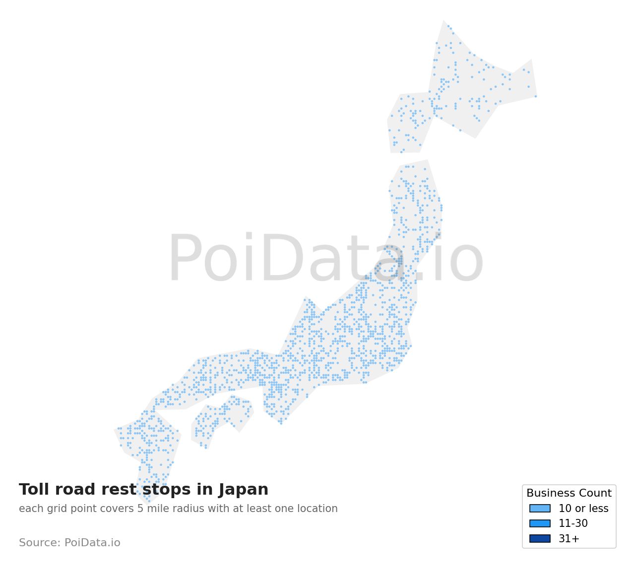 Toll road rest stop density map for Chiba, Japan