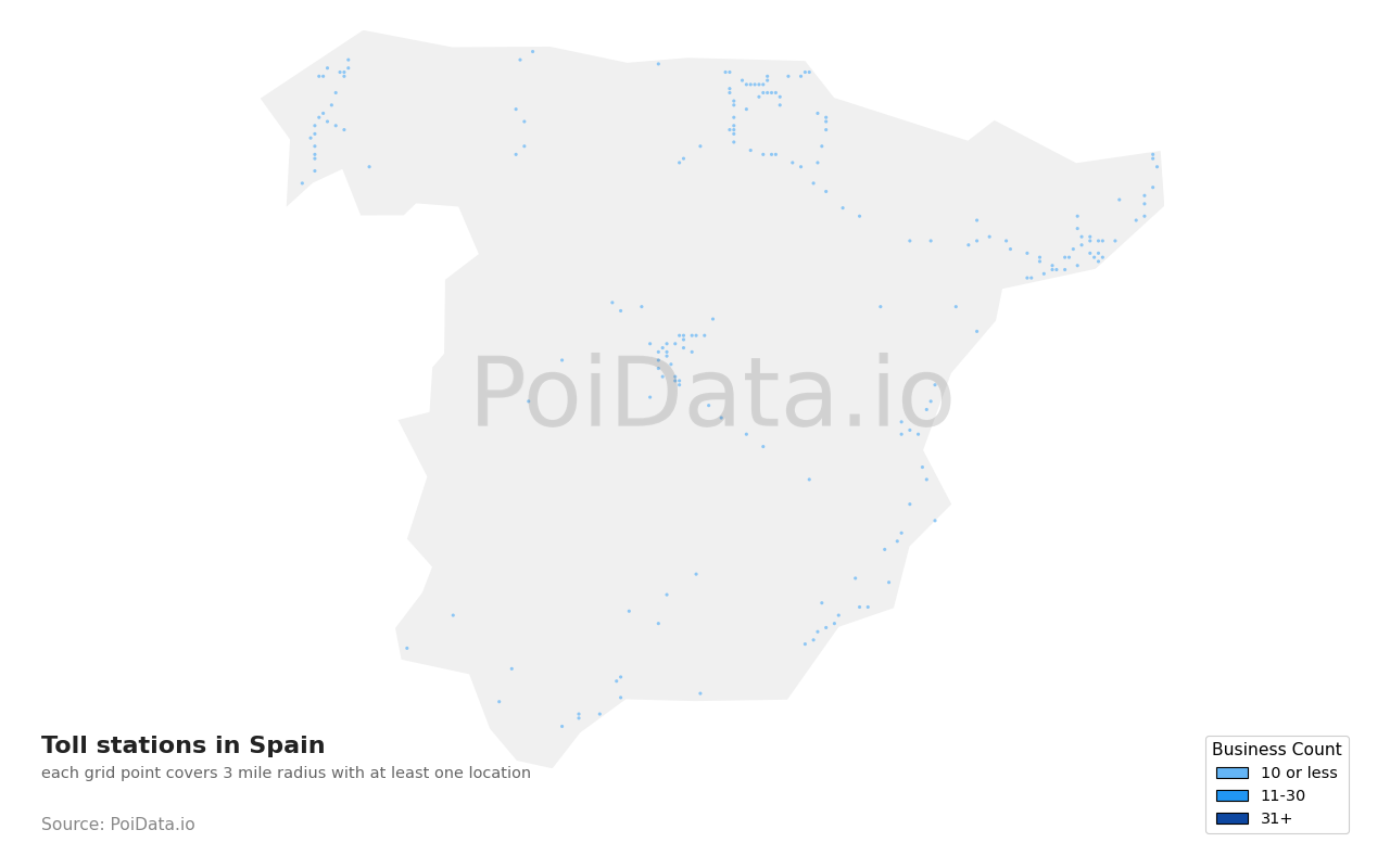Toll station density map for Spain