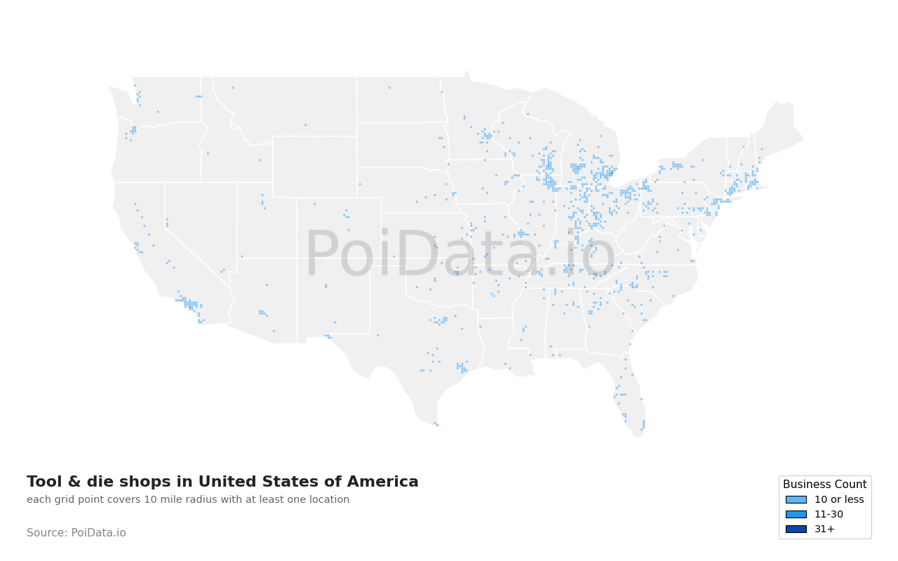 Tool & die shop density map for United States