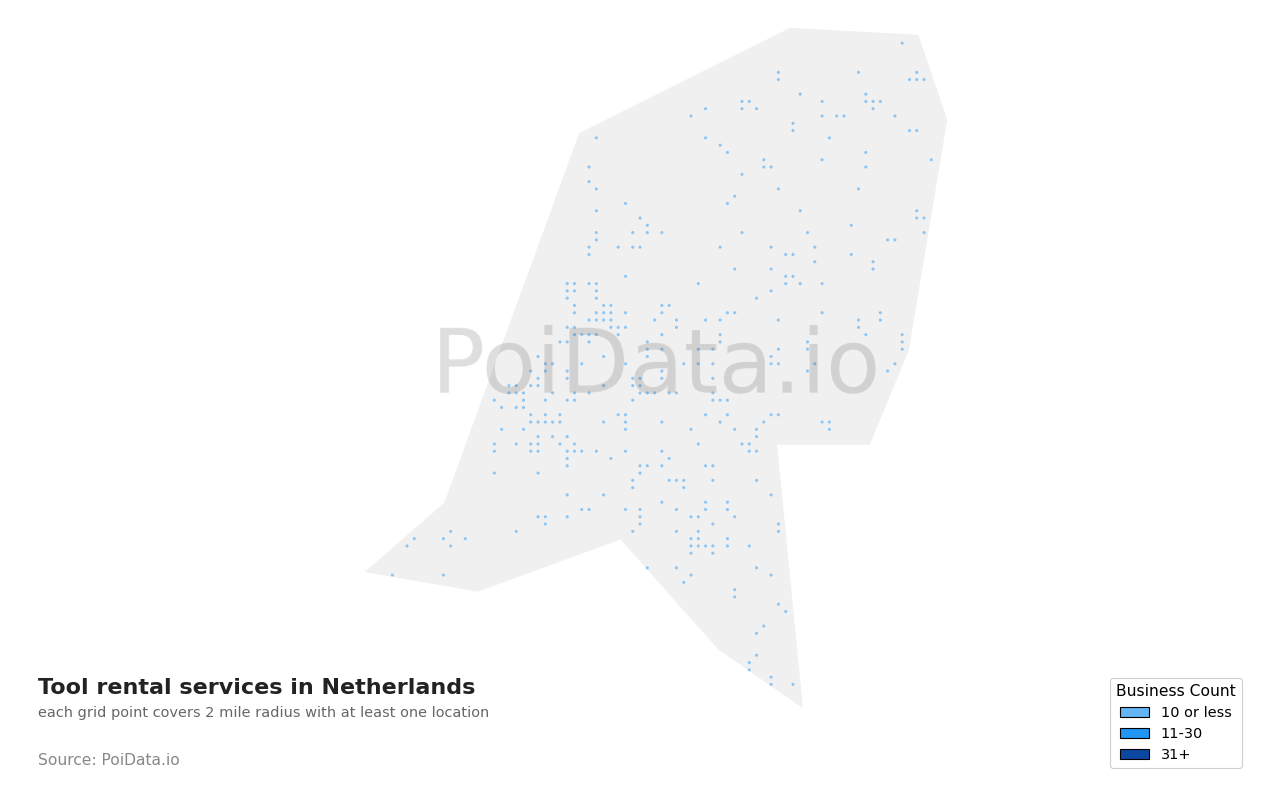 Tool rental service density map for Netherlands