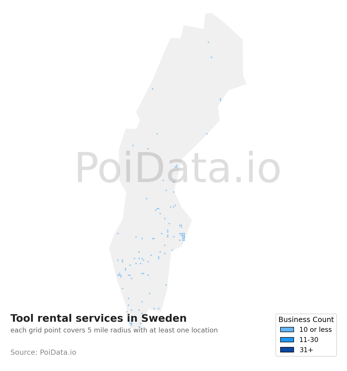 Tool rental service density map for Sweden