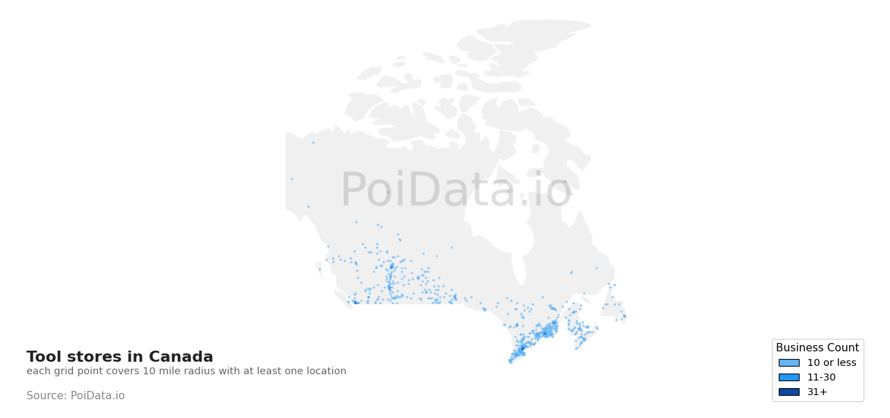 Tool store density map for Canada