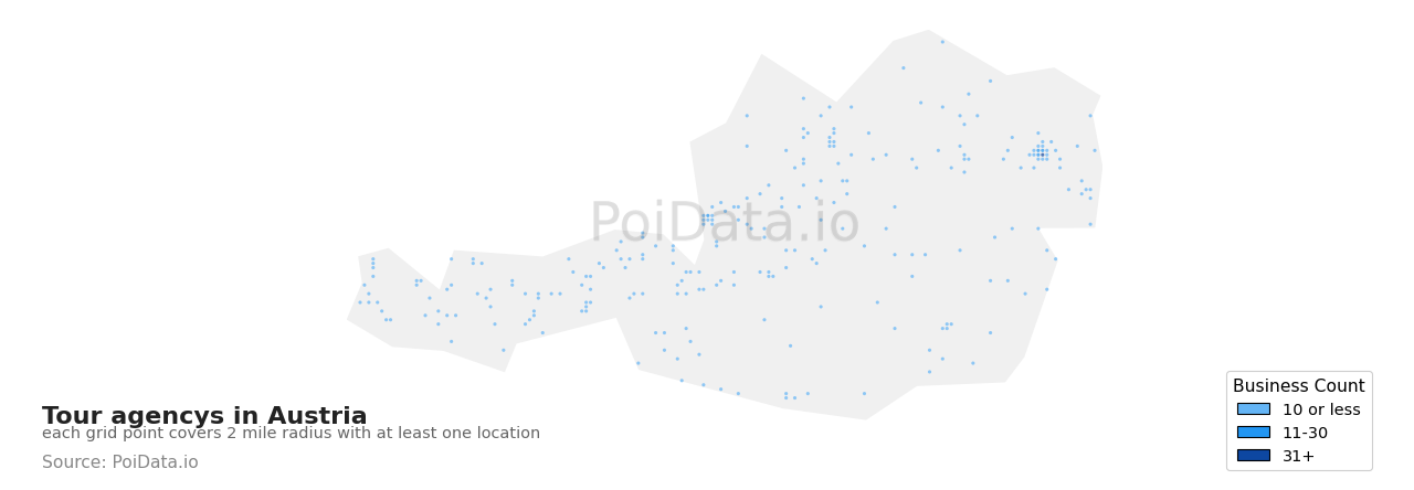 Tour agency density map for Austria