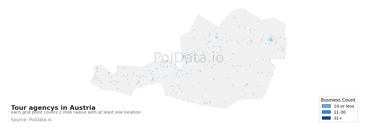 Tour agency density map for Austria