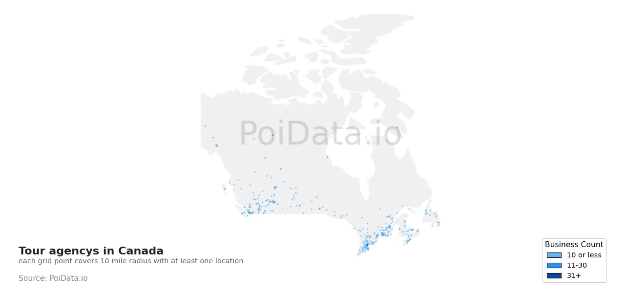 Tour agency density map for Canada