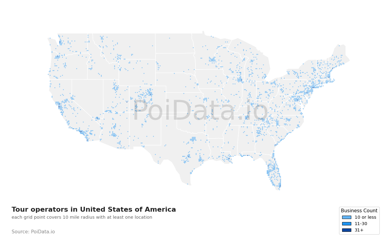 Tour operator density map for South Carolina, United States